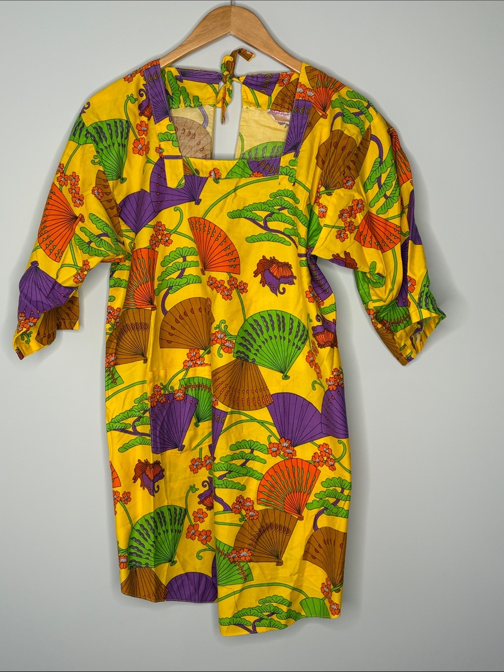 Vibrant Yellow Fan-Print Cotton Art Smock Made in Japan Cotton S